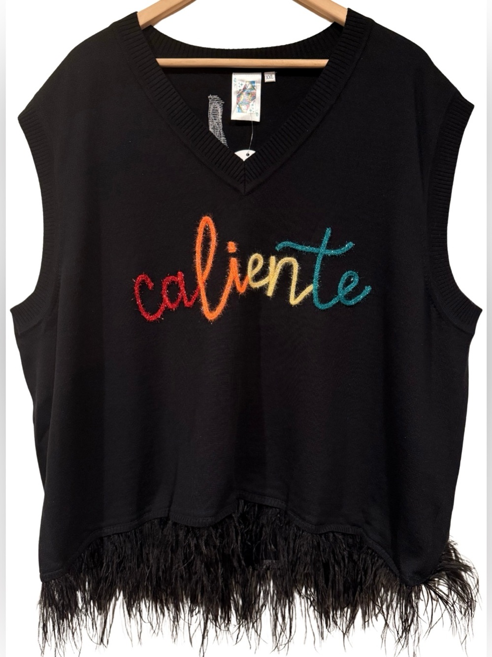 Queen of Sparkles Caliente Chili Pepper Sequin Feather Trim Sweater Vest XXL